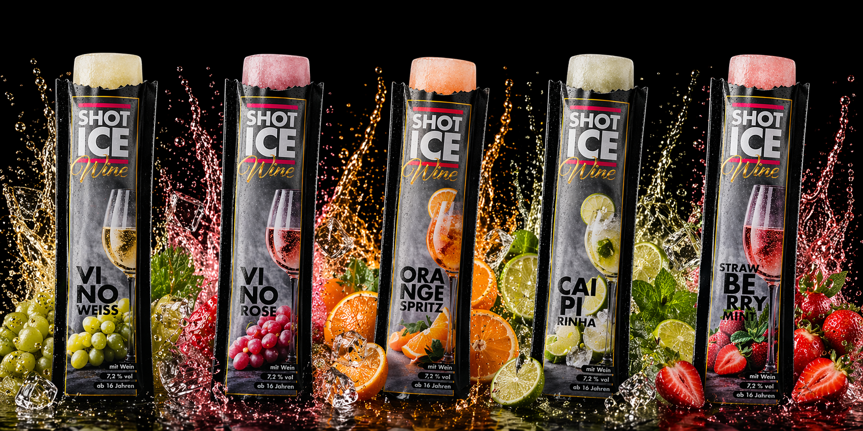 SHOT ICE Wine alle 5 Sorten mit Splash und Fruechten